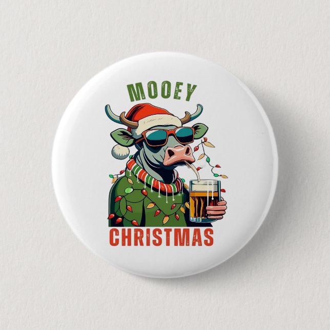Mooey Christmas Highland Cow Light Santa Hat T-Shi 2 Inch Round Button (Front)