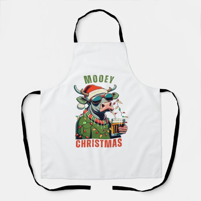 Mooey Christmas Highland Cow Light Santa Hat T-Shi Apron (Front)