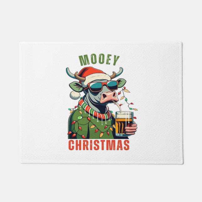 Mooey Christmas Highland Cow Light Santa Hat T-Shi Doormat (Front)