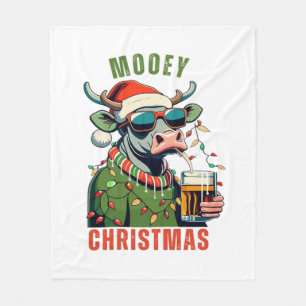 Mooey Christmas Highland Cow Light Santa Hat T-Shi Fleece Blanket