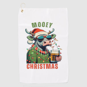 Mooey Christmas Highland Cow Light Santa Hat T-Shi Golf Towel