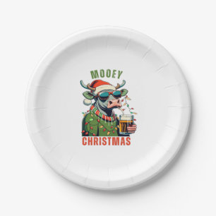 Mooey Christmas Highland Cow Light Santa Hat T-Shi Paper Plate