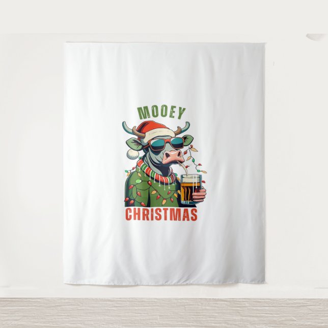 Mooey Christmas Highland Cow Light Santa Hat T-Shi Tapestry (Front)