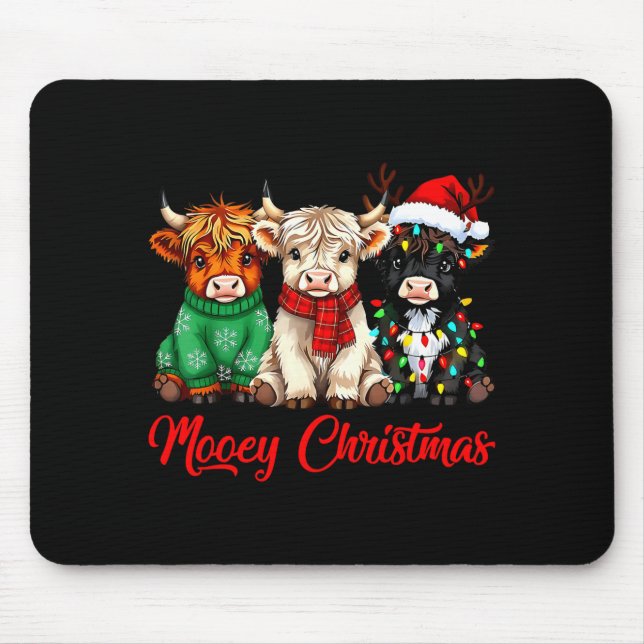 Mooey Christmas Lights Santa Hat Xmas Highland Cow Mouse Pad (Front)