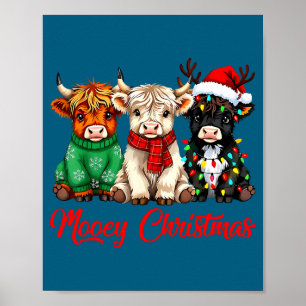 Mooey Christmas Lights Santa Hat Xmas Highland Cow Poster