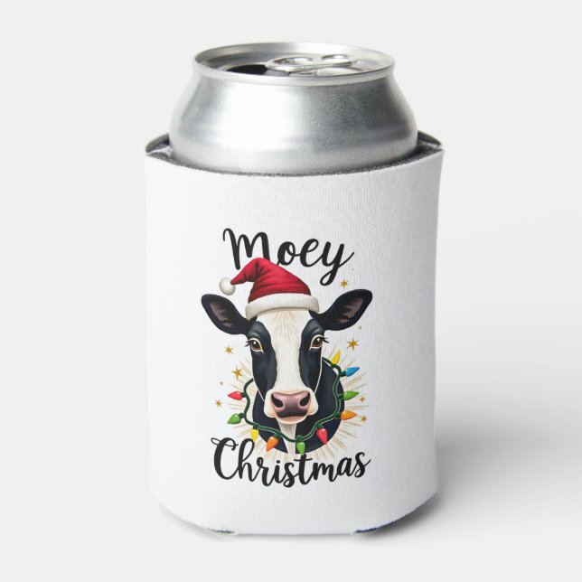 Mooey Christmas Santa Christmas Lights Cow Lovers  Can Cooler (Can Front)