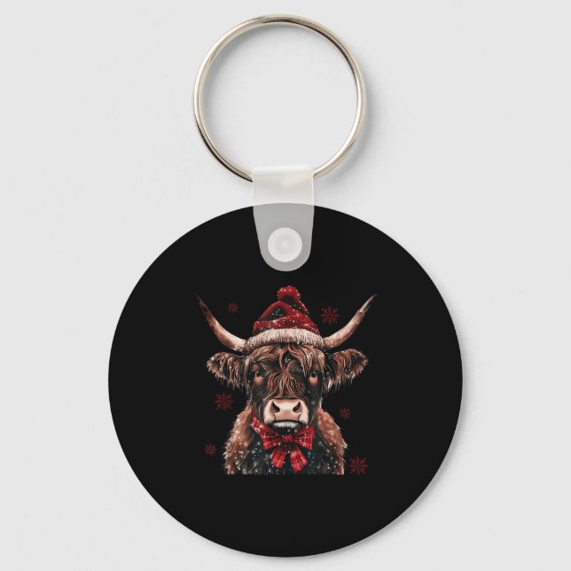 Mooey Christmas Western Highland Cow Lover Santa H Keychain (Front)