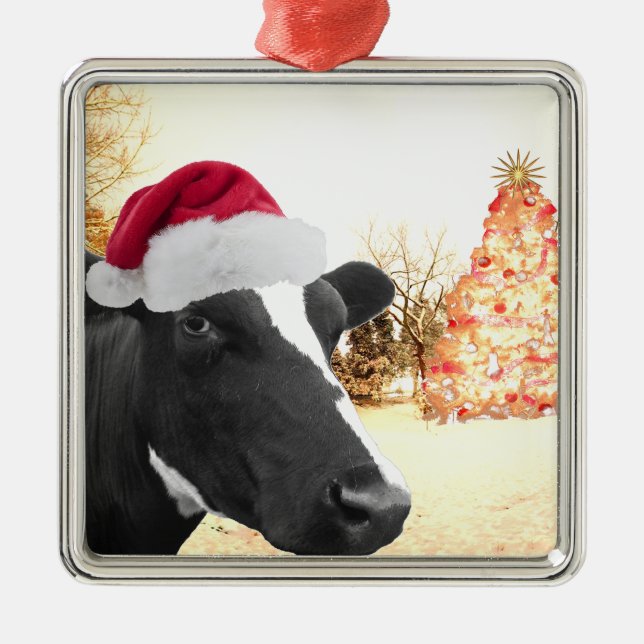 Mooey Christmas Winter Cow In Santa Hat Metal Ornament (Front)