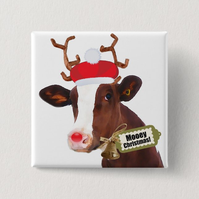 Mooey Merry Christmas Reindeer Cow 2 Inch Square Button (Front)