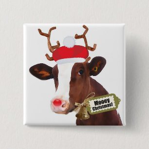 Mooey Merry Christmas Reindeer Cow 2 Inch Square Button