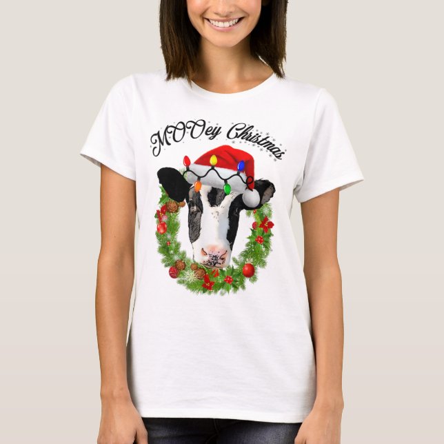 MOOey Merry Christmas Wreath Hat Lights Cute Cow F T-Shirt (Front)