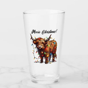 Mooie Christmas Highland Cow Tangled in lights Glass