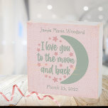 Moon and Back Distressed Birth Announcement  Wooden Box Sign<br><div class="desc">This charming and heartwarming piece of farmhouse-style décor features the endearing phrase "Love You to the Moon and Back" in a delightful sage green and rose colour combination. The sign is adorned with a faded pink polka dot background, adding a touch of whimsy to any nursery or child's room. Design...</div>