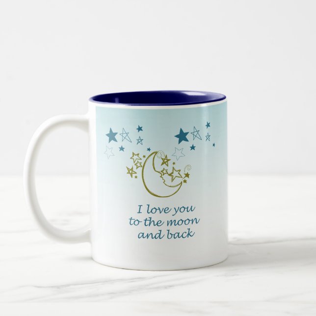 Moon and Back Stars Aqua Ombre Two-Tone Coffee Mug (Left)