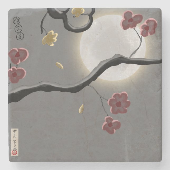 Moon and Blossoms Stone Coaster (Front)