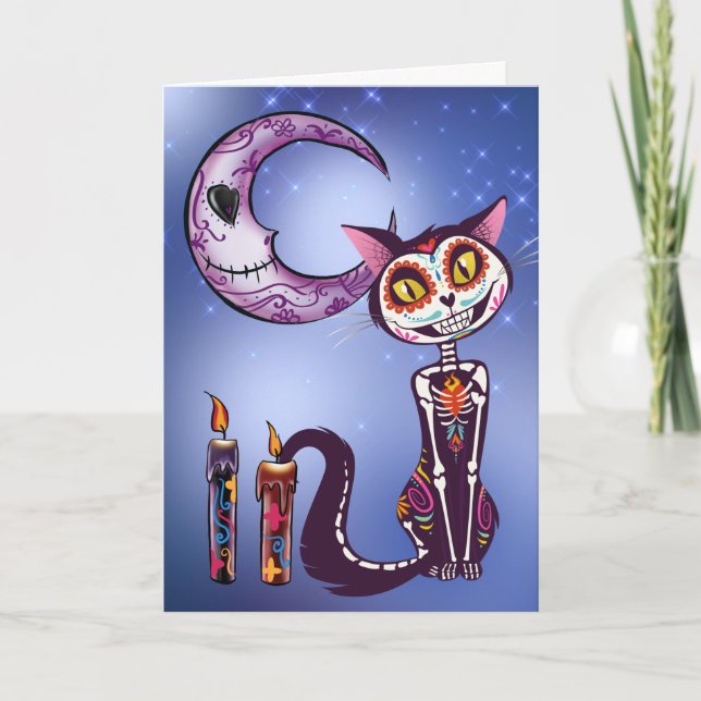 Moon and Cat Day of the Dead Día de los Muertos Card (Front)