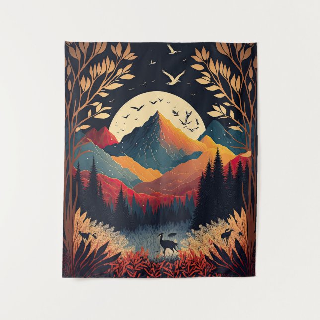 Moon and Colourful Mountain Landscape Tapestry (Front)