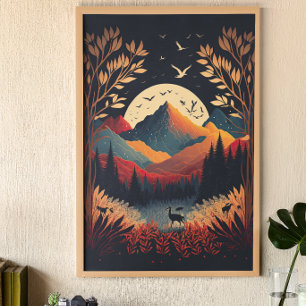 Moon and Colourful Mountains with Meadow Landscape Poster