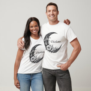 Moon and Flowers Art with Customizable Name T-Shirt