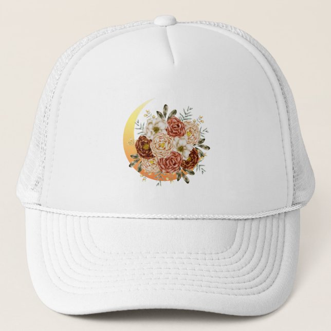 Moon And Flowers Floral  Trucker Hat (Front)