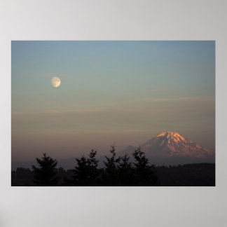 Moon and Mount Ranier at Poster