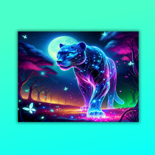 Moon and Panther Holographic Neon Colourful   Poster