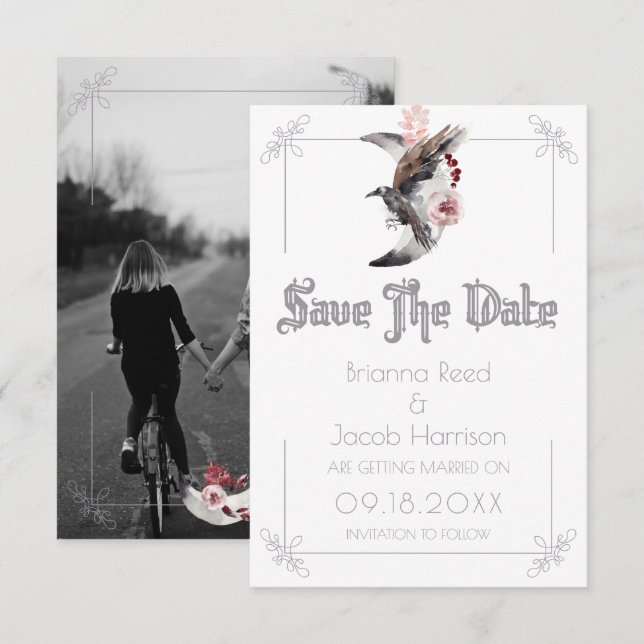 Moon And Raven Watercolor Wedding Save The Date Invitation (Front/Back)