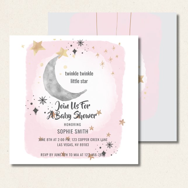 Moon and Star Pink Watercolor Splash Invitation (Creator Uploaded)