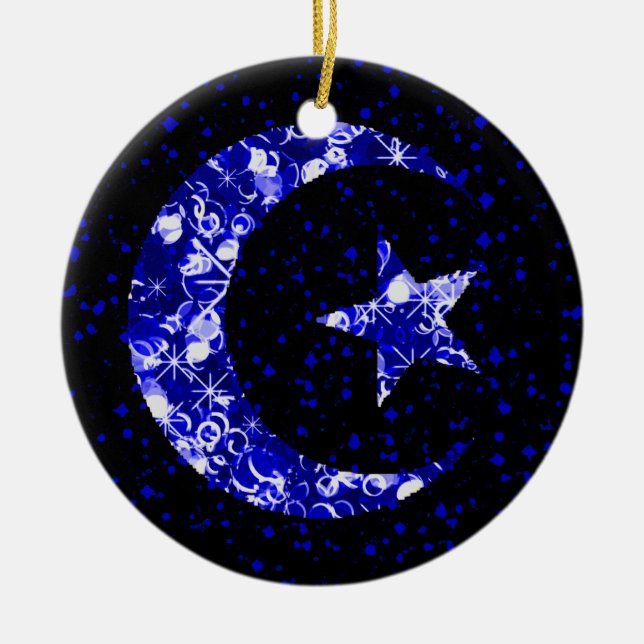 Moon and Star starry sparkly blue Ceramic Ornament (Front)