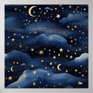Moon and stars, a bright night, poster