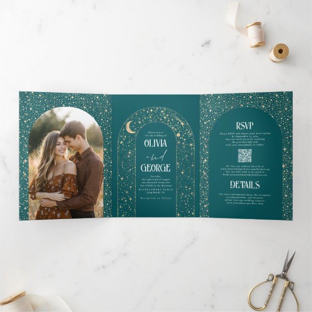 Moon and Stars Arch Celestial Teal Wedding Photo Tri-Fold Invitation (Inside)