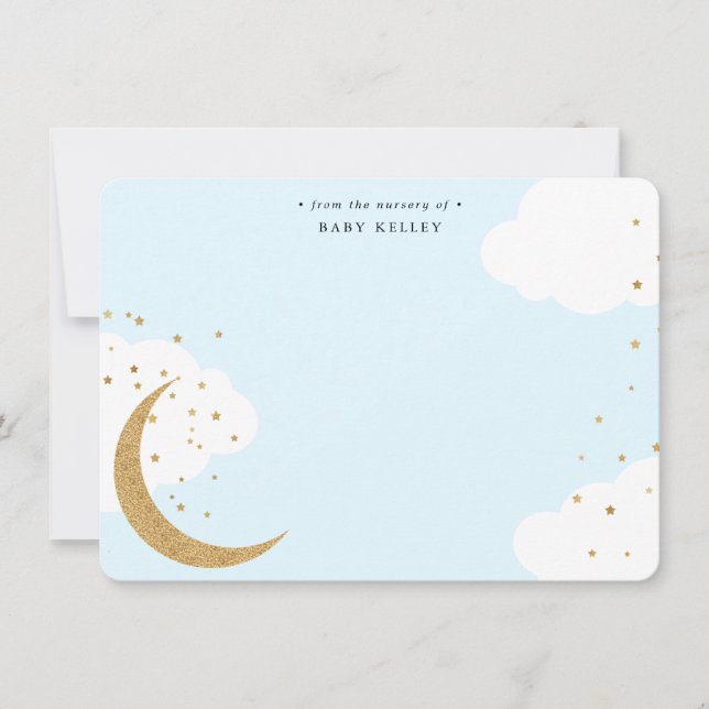 Moon and Stars, Baby Blue Personalized Flat Card (Front)