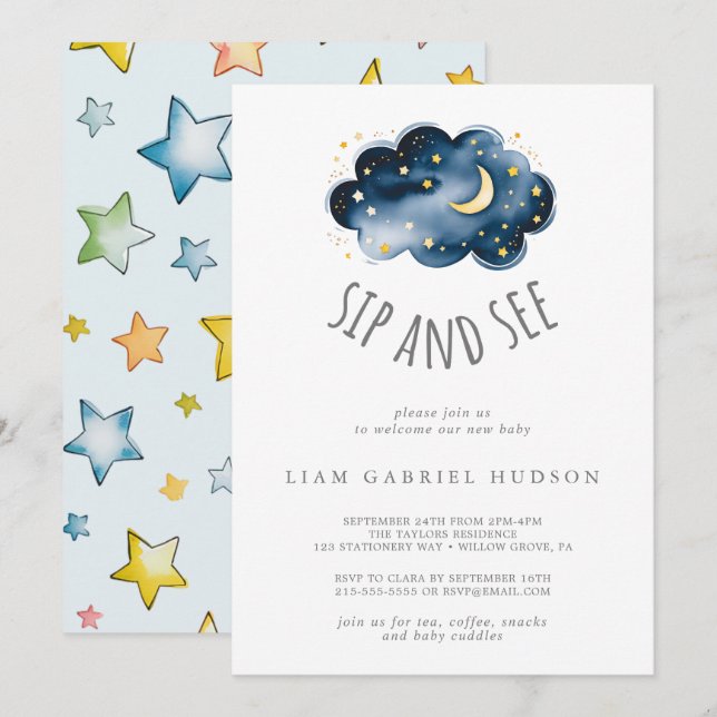 Moon and stars Baby Boy Sip and See Invitation (Front/Back)