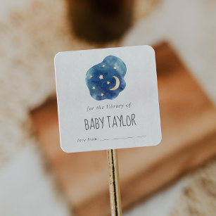 Moon and Stars Baby Shower Bookplate Square Sticker