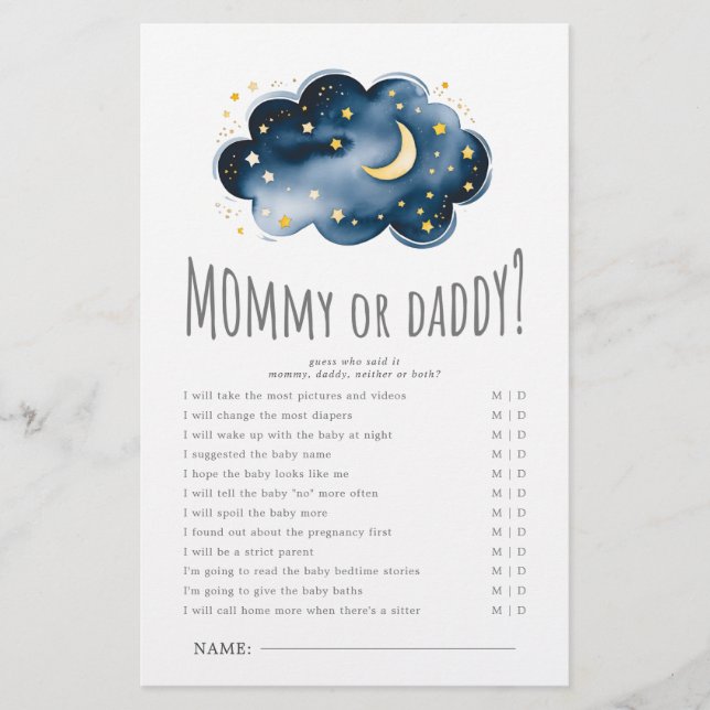 Moon and Stars Baby Shower Mommy or Daddy Game (Front)