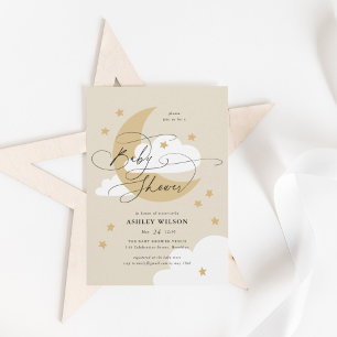 Moon and Stars Beige Elegant Script Baby Shower Invitation