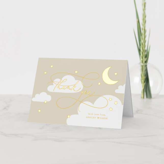 Moon and Stars Beige Script Baby Thank You Foil Greeting Card (Front)