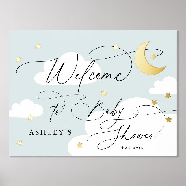Moon and Stars Blue Clouds Welcome Baby Shower Foil Prints (Front)