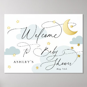 Moon and Stars Blue Clouds Welcome Baby Shower Foil Prints