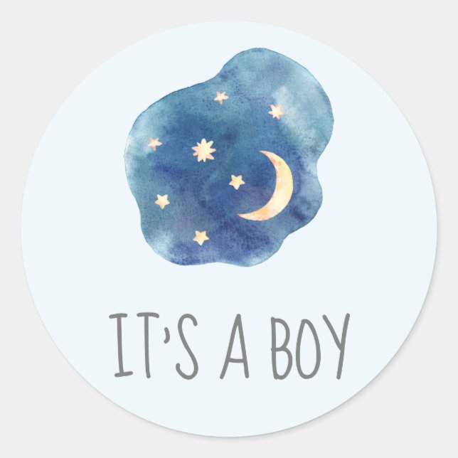 Moon and Stars Blue It's A Boy Baby Shower Sticker (Front)