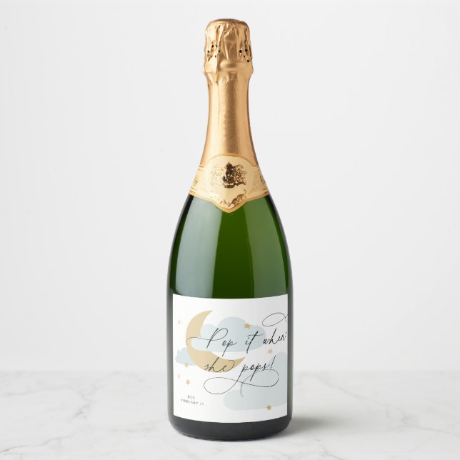 Moon and Stars Blue Script Pop It When She Pops Ch Sparkling Wine Label (Front)