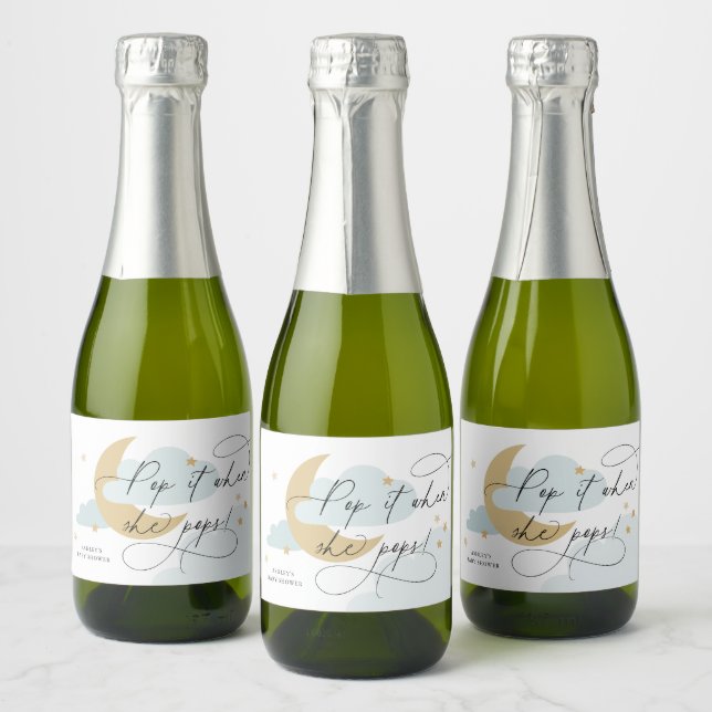 Moon and Stars Blue Script Pop It When She Pops Sparkling Wine Label (Bottles)