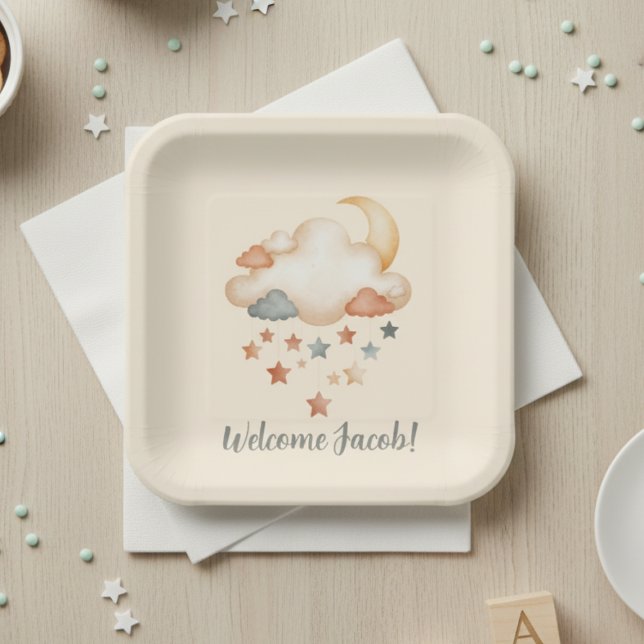 Moon and Stars Celestial Baby Shower Theme Paper Plate (Personalized baby shower paper plate)