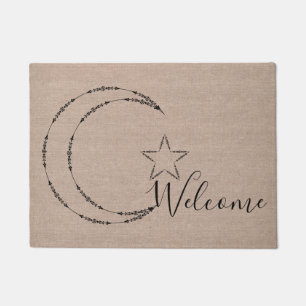 Moon and stars celestial Welcome faux burlap Doormat