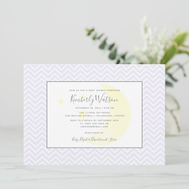 Moon and Stars Chevron Baby Shower | Lavender Invitation (Standing Front)