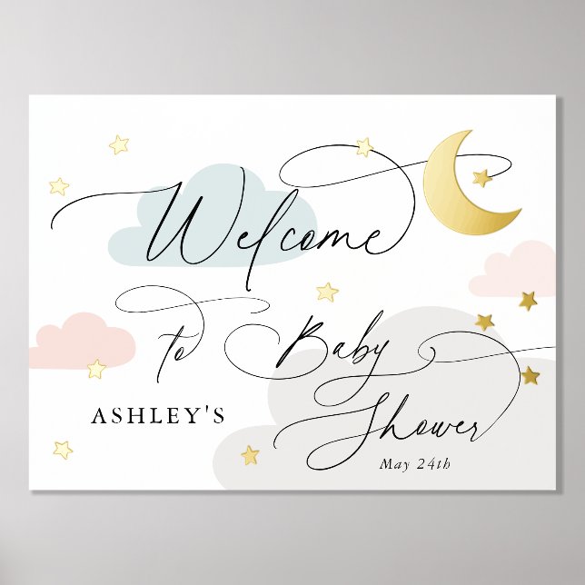 Moon and Stars Clouds Colourful Welcome Baby Showe Foil Prints (Front)