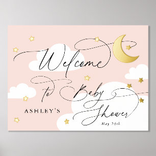 Moon and Stars Clouds Pink Welcome Baby Shower Foil Prints