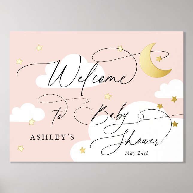 Moon and Stars Clouds Pink Welcome Baby Shower Foil Prints (Front)