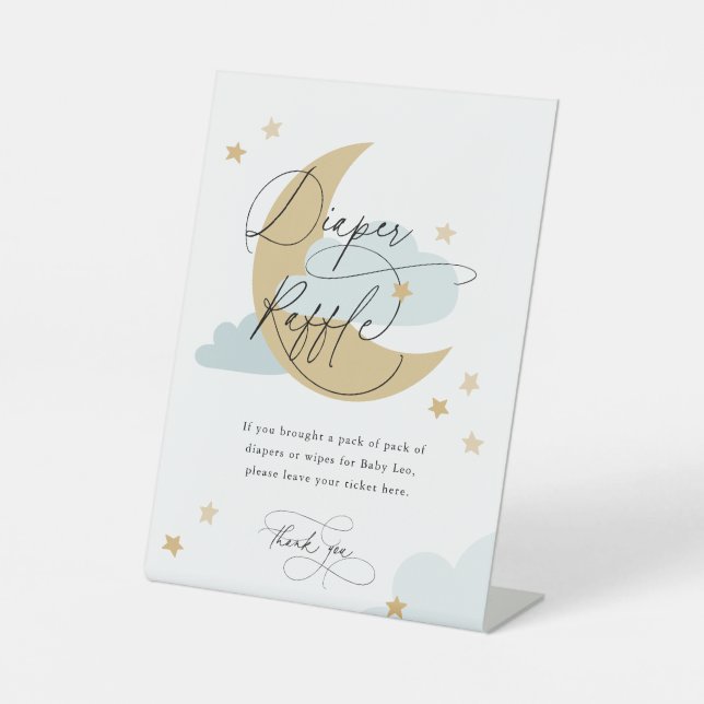 Moon and Stars Diaper Raffle Sign Blue Baby Shower (Front)