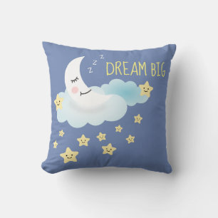 Moon and Stars Dream Big Illustration Blue Throw Pillow